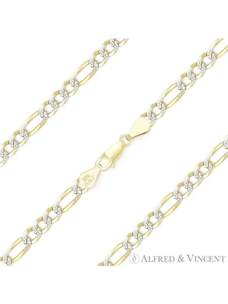 3.6mm Figaro Pave Link .925 Sterling Silver 14k Yellow Gold-Plated Chain Anklet